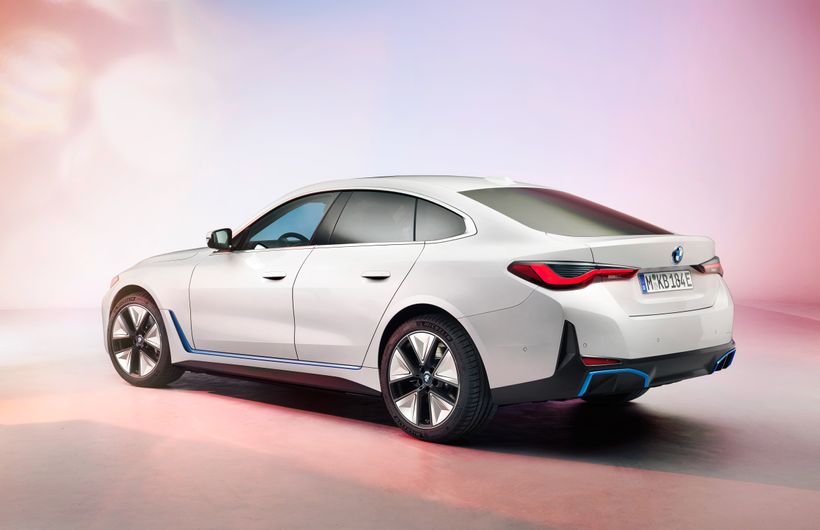 BMW i4 electric saloon exterior rear and side